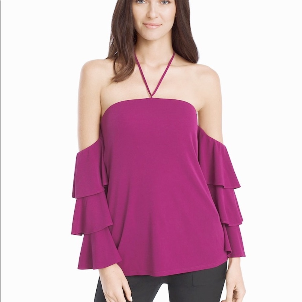 WHBM | purple tiered off the shoulder ruffle top